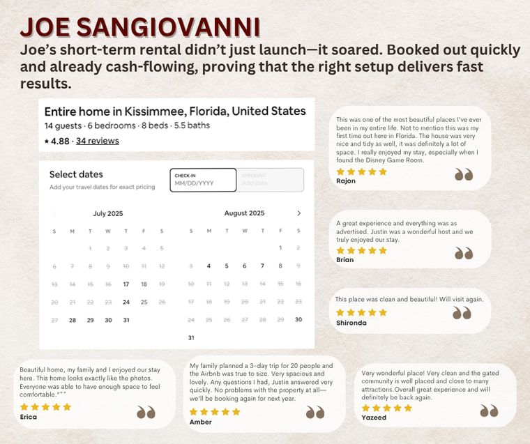 Joe S., Kissimmee, Florida. Booked out quickly and cash-flowing from launch